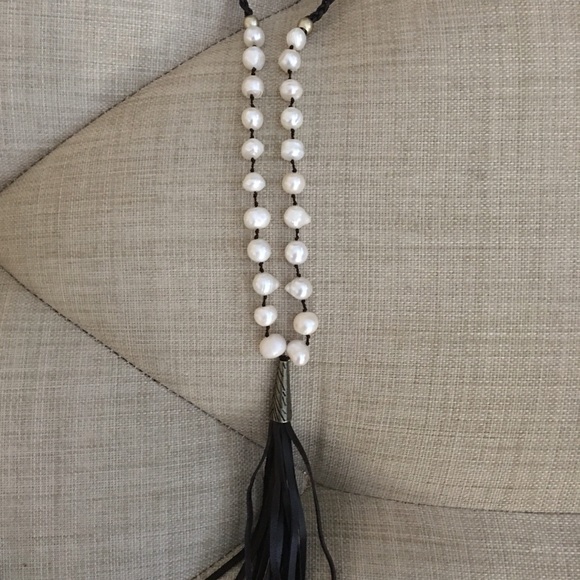 Pearl Necklace with Leather Tassel - Picture 3 of 4